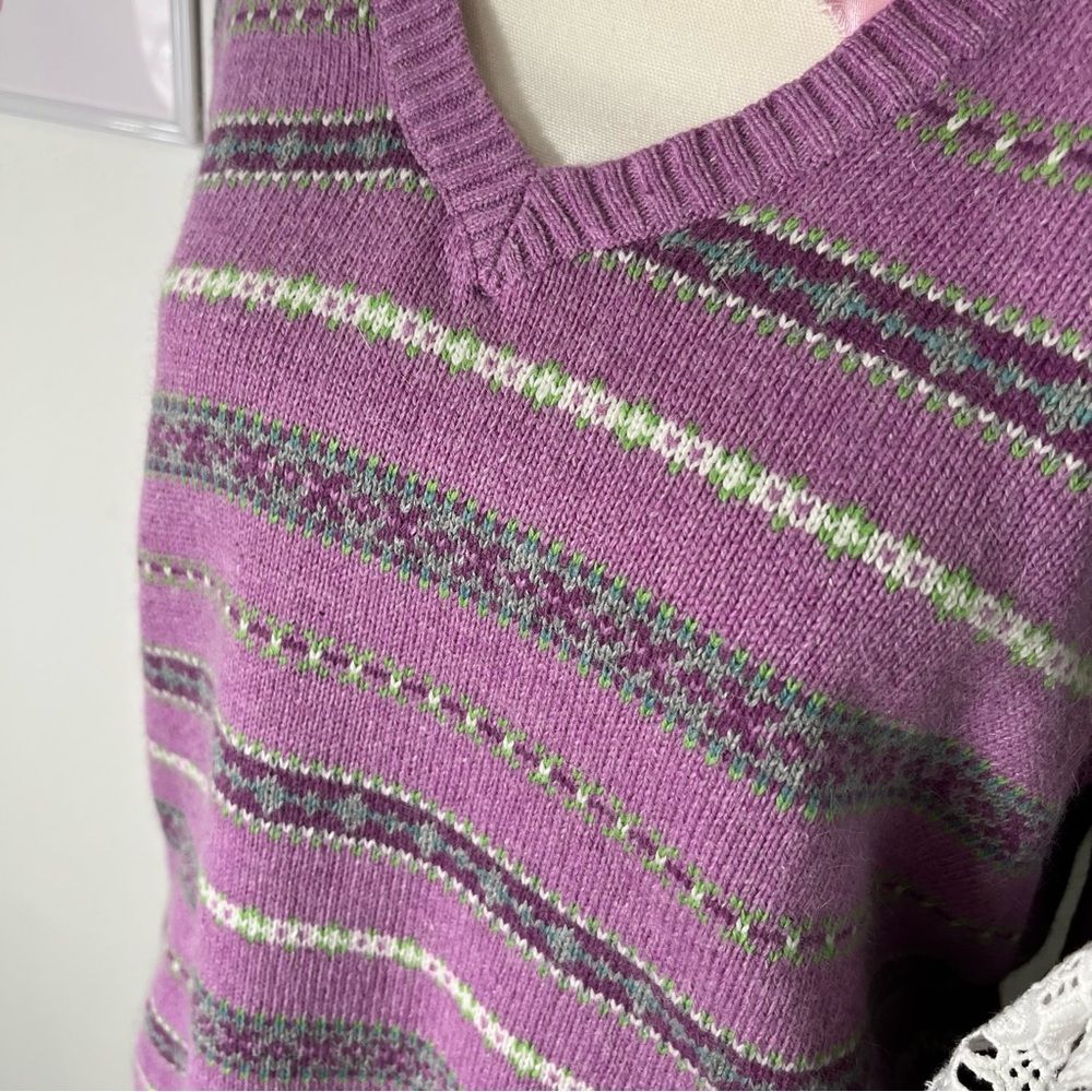 Vintage 90s Lilac Purple Floral Striped Knit V Neck Sweater Womens Size XL - Picture 3 of 5